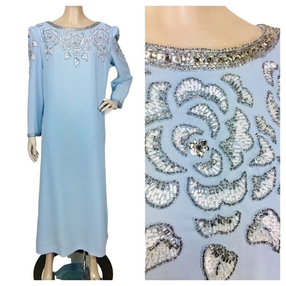 Vintage 60s Victoria Royal Ltd British Crown Full Length Beaded Silk Gown